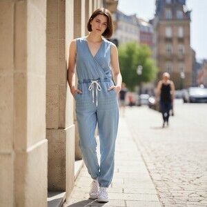 Franklin & Daisy Jumpsuit Sleeveless Denim 100% Tencel Blue Women's Size S EUC